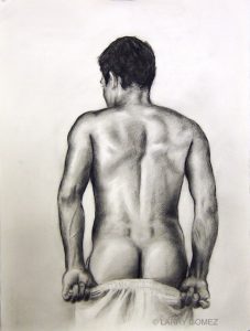 David Male figure from the the back, drawn in black and white, pulling down underwear.