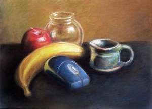 Primary Fruit and Mouse with Glass pastel image of banana, apple, transparent glass, green cup and blue wireless computer mouse.