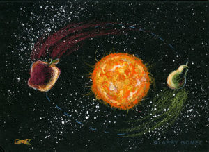 prismacolor pencil on black mat board showing perihelion pun, pear-i-helion, and aphelion or apple-helion, astronomical concepts. Size is 500 x 365 ppi.