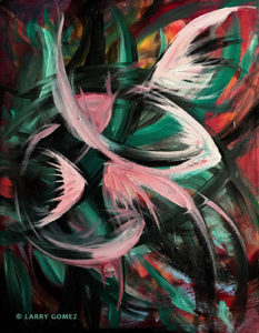 Energetic lines and shapes of colors in pinks, blacks, turquoise, swirling in curved movement. Original is 14 x 18 inches.
