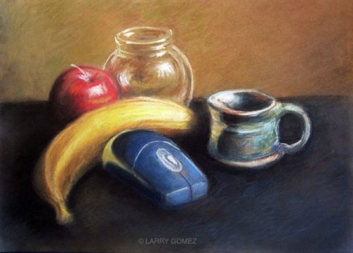 Glass objects with yellow banana, red apple, blue wireless mouse and green ceramic cup
