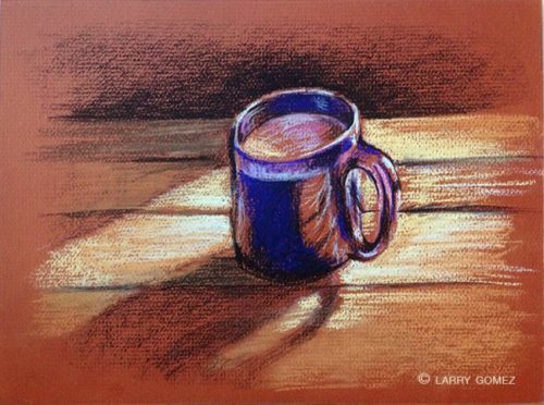 Blue coffee mug on a table in early morning light against a rust colored paper background.