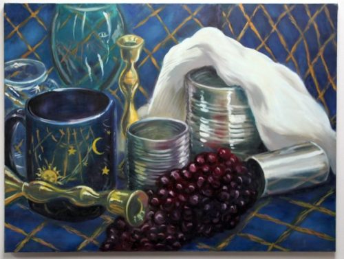 still life with empty cans, blue mug, green goblet, plastic grapes, brass candlesticks.