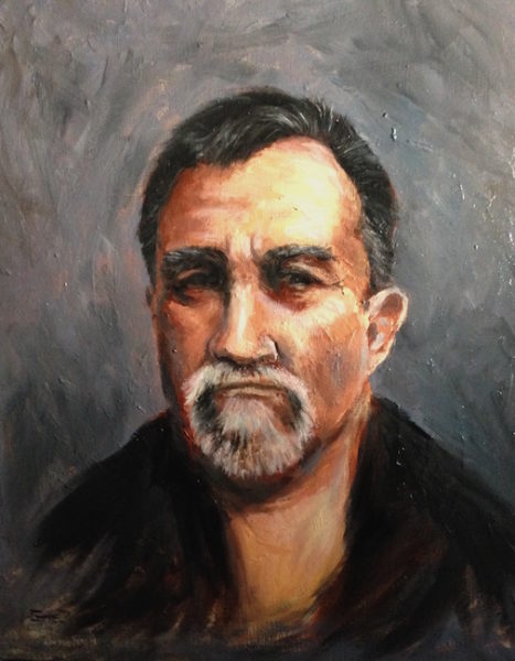 oil painting on canvas of a middle aged man with a goatee, smirking and looking upset.